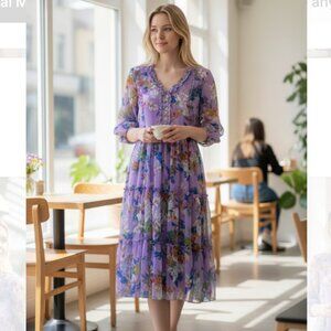 NWT Laura Ashley Boho Tired Ruffle Floral Midi Dress